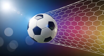 Fototapeta premium Soccer ball flying into a goal net with vibrant colorful background