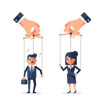 Business people puppets controlled by hands, manipulation concept