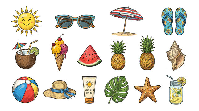 Collection of vintage style summer beach icons with textured details including tropical fruits sun shades and vacation accessories.