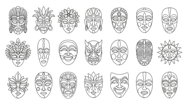 Set of diverse traditional tribal masks in line art style isolated on white background.