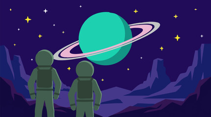 Two astronauts observe a vibrant ringed planet and starry sky on an alien world © RAIXEL