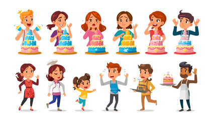 Fototapeta premium Celebration Cake Collection: A vibrant illustration showcasing diverse characters joyfully interacting with colorful, multi-tiered cakes, embodying the spirit of celebration and sweet indulgence.