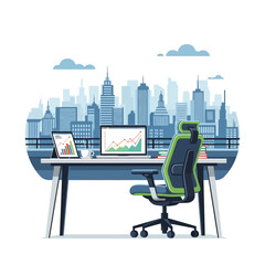 Naklejka premium Modern Office Desk with City Skyline View - Business Illustration