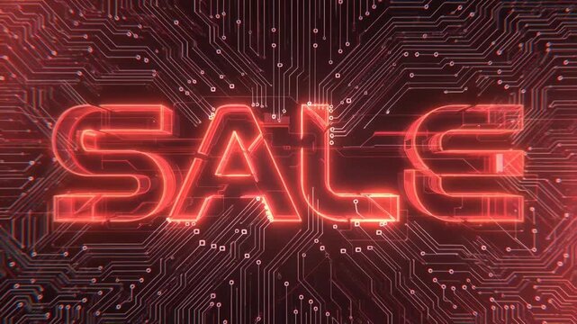 Glowing red SALE text in neon digital style on dark tech background, concept of dynamic discount promotion sale