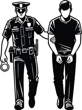 Police officer escorting a handcuffed suspect in this black and white ink style illustration on white background