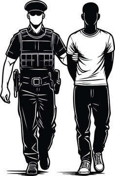 Police officer escorting a suspect in handcuffs during a criminal arrest situation on white background