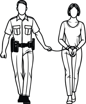 Police officer escorting a handcuffed woman in this simple black and white line art on white background