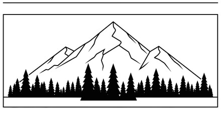 Obraz premium Majestic Mountain Range Silhouette with Pine Forest Foreground - Black and White Line Art