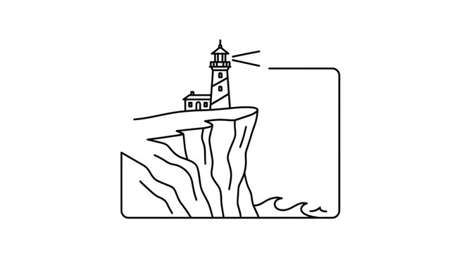 Lighthouse on cliff edge overlooking sea waves, guiding light, navigation symbol, coastal landscape