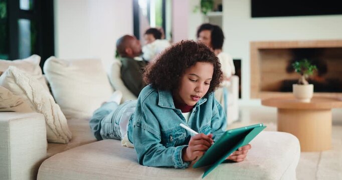 Family, writing or girl with tablet on couch, elearning or homework project for knowledge development. Home, people or happy child with tech for assignment research, education app or study notes