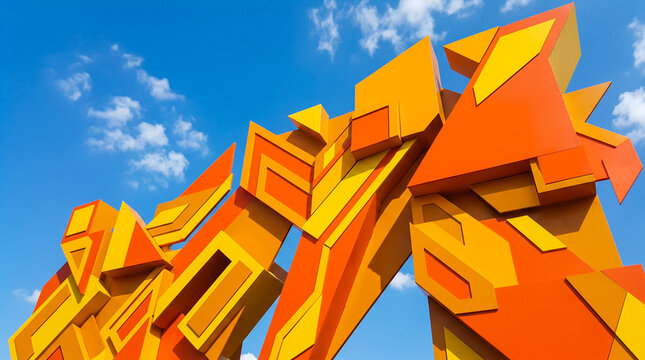 Vibrant orange and yellow sculpture against blue sky with clouds