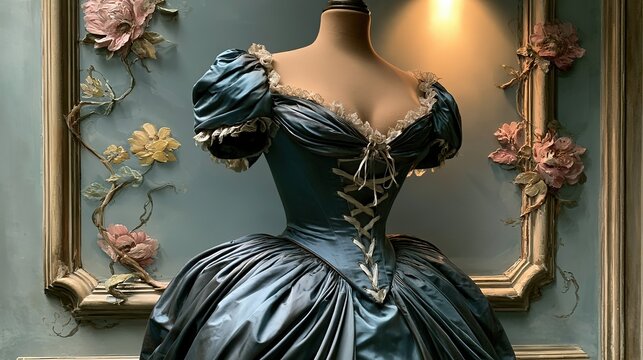 Vintage Teal Off-the-Shoulder Ball Gown with Corset Bodice and Full Shimmering Skirt, Displayed on Mannequin in Retro Floral Accented Setting, Luxury Historical Formal Evening Attire