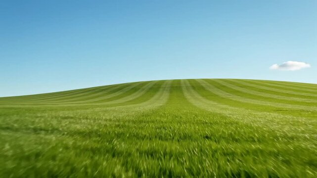 Vibrant green rolling hill with stripes under blue sky.