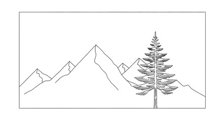 Fototapeta premium Minimalist Line Drawing of Majestic Mountains and Evergreen Tree Landscape