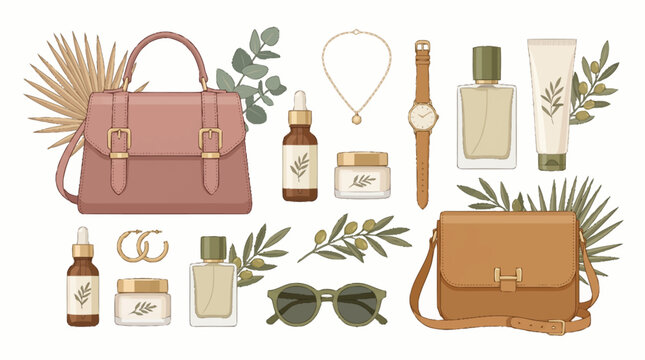 Fashionable Accessories and Cosmetics Collection Flat Lay.
