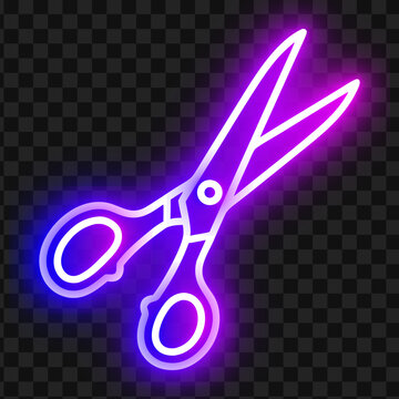 Neon Glowing Purple Scissors Vector Icon Isolated On Dark Background