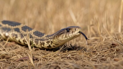 Obraz premium slither. A venomous snake slithering through dry grass, its forked tongue flicking. wildlife magazines, conservation campaigns, designed for nature documentaries and education.