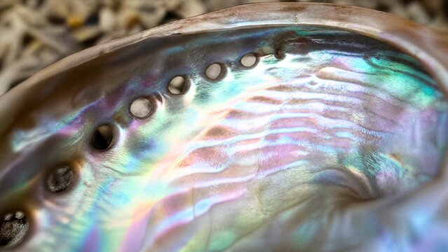 opalescence. Inner nacre of seashell reflecting iridescent rainbow colors, macro detail with soft lighting. wildlife magazines, conservation campaigns, designed for wildlife conservation campaigns.