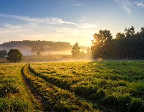 Champ ensoleill&eacute; avec chemin de terre et arbres