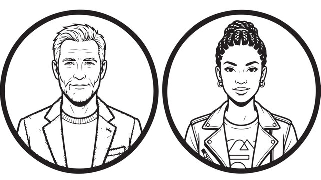 Minimalist line art avatar set, diverse man and woman profile icons in circles, black and white vector portraits for social media and web design