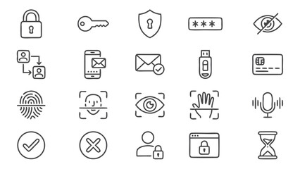 Fototapeta premium Comprehensive set of 20 security and authentication icons including biometrics, MFA, fingerprint, face ID, iris scan, password, and data protection symbols in a consistent thin line stroke style.