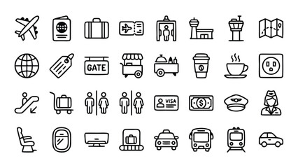 Fototapeta premium Professional set of 32 airport and travel line icons in a clean outline style with rounded corners. Includes airplane, passport, suitcase, ticket, security, gate, taxi, bus, train, pilot, and more.