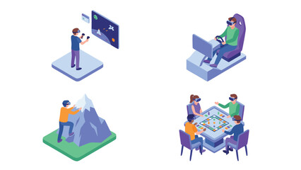 Fototapeta premium Isometric Vector Illustration Set of Virtual Reality Gaming Experiences Featuring Four Distinct Scenes including Space Shooter, Racing Simulator, Mountain Climbing, and Multiplayer Board Game.