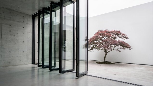 This image showcases a stunning example of modern minimalist architecture featuring large folding glass doors that seamlessly connect an indoor space with an outdoor courtyard. A solitary Japanese ma