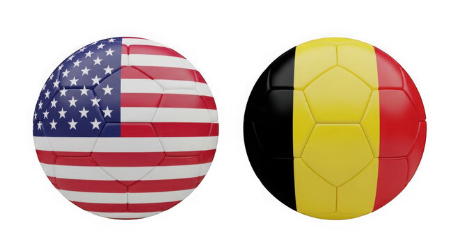 Soccer balls with usa and belgium national flags in a sports match isolated on transparent background
