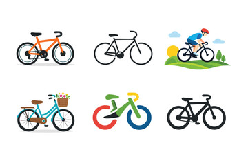 Naklejka premium Collection of Six Diverse Bicycle Icons and Illustratons in Various Styles; Feauring Flat Design, Minimalst Line Art, Scenic Outdoo Cycling, Mountain Bikes, ity Bikes with Flower Baskts.