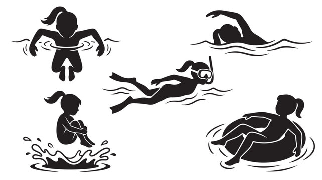 Swimming girl silhouette vector set, female swimmer performing water sports activities, young girl diving and floating in pool icons