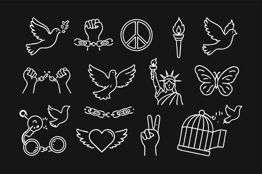 Freedom and Peace Icon Set Featuring White Outline Sybols on Black Background wth Doves, Broken Chains, Satue of Liberty, Peace Sig, Winged Heart, and Bird Cge for Liberty and Human Rghts