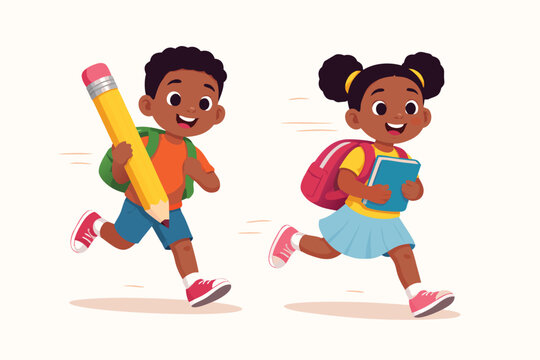 Happy African American Boy and Girl Running with Schol Supplies, Giant Pencil,Book, and Backpacks, Back o School Concept Vector Ilustration, Cheerful Studens Isolated on White Backgrund.