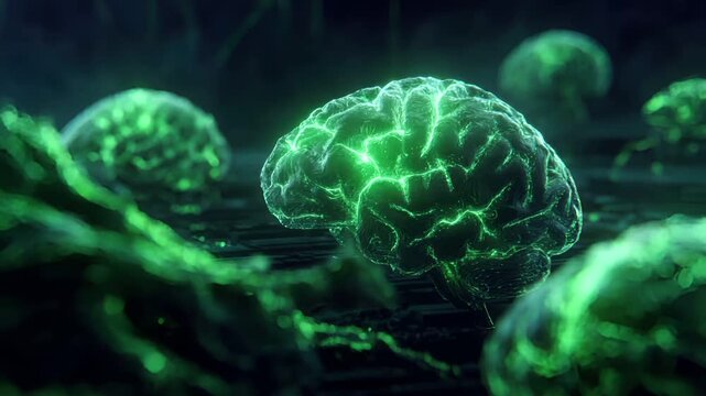 Artificial intelligence. Neuron network. A vivid, highresolution digital artwork depicts a detailed, intricately detailed brain rendered in a neon green hue. The brain is the central focus.