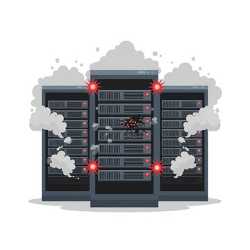 Flat vector illustration of a data center server rack failure with thick smoke clouds, red alert sparks, and physical damage on the central cabinet unit against a white background.
