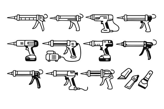 Minimalist Black Line Art Caulking Gun and Sealant Applicator Icon Set Featuring Various Manual, Cordless, and Pneumatic Tools for Construction, Home Repair, and Professional Sealing Projects.