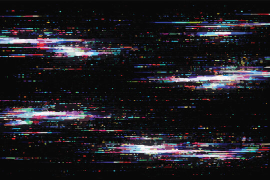 Abstract digital glitch texture with pixelated noise effect, realistic vector illustration of video signal interference, colorful horizontal light streaks on dark background, VHS distortion, cyber
