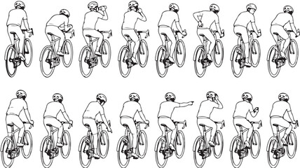 Obraz premium Cyclist hand signals and riding positions vector set, 16 line art icons of bicycle safety gestures, road bike rider communication illustrations