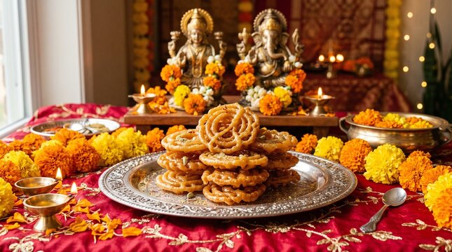 Close-Up of Golden Khaja Sweets on Decorative Tray with Jagannath Idol and Rath Yatra Decor