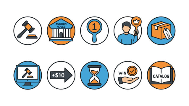 Set of 10 professional auction and bidding line icons featuring a wooden gavel, auction house building, bid paddle, highest bidder, boxed item, online bidding, price increment, timer, and catalog.