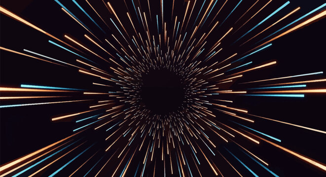 Abstract radial pattern of glowing orange and blue light streaks radiating from a central black void, representing hyperspace motion, high-speed data transfer, and digital energy.