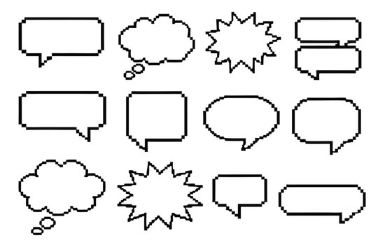 Set of Black Pixel Art Speech Bubbles and Thought Clouds. Empty Pixelated Text Boxes and Frames Collection. Retro 8-bit Border Shapes Pack for Game Design, Comics, and Digital Messaging Icons.