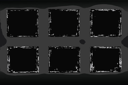 Set of Six Grunge Rolled Ink Stamp Texture Frames Handmade with a Brayer, Featuring Rough Square Stencil Borders and Distressed Edges for Vintage Graphic Design, Scrapbooking, and Creative Layouts