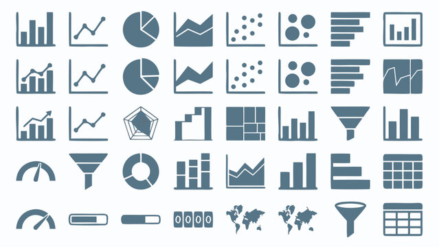 Vector Icon Set of 36 Data Visualization Charts and Dashboard Elements in a Consistent Flat Filled Style. Features Bar Graphs, Line Charts, Pie Diagrams, Scatter Plots, Area Graphs, and World Maps.