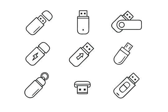 USB Flash Drive Icon Set in Linear Style, Collection of Vector Outline Icons for Portable Storage Devices, Memory Sticks, Data Backup, and Computer Hardware Accessories, Simple Flat Design Graphics