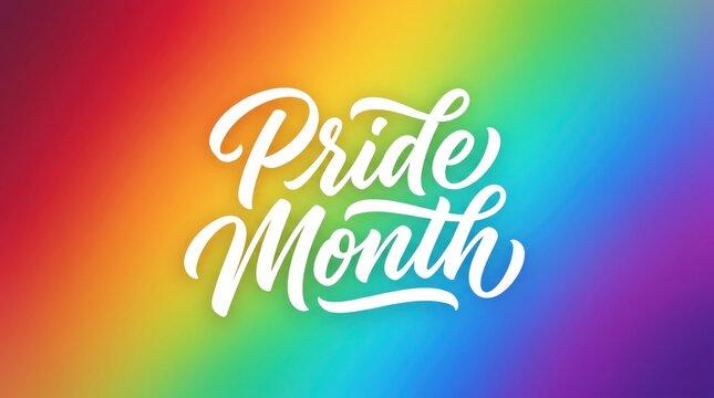 Pride Month white calligraphy lettering, vibrant rainbow gradient background, LGBTQ celebration banner with colorful spectrum and elegant typography