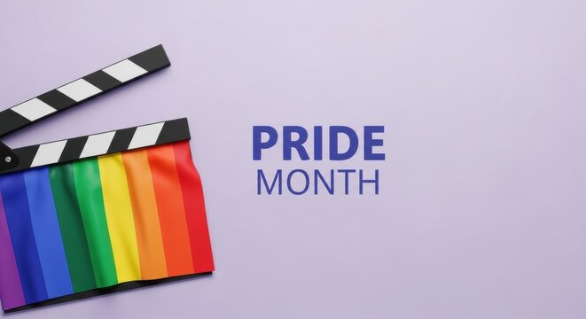 Pride Month movie clapperboard with rainbow flag, LGBTQ cinema and film production concept, colorful slate on purple background with copy space