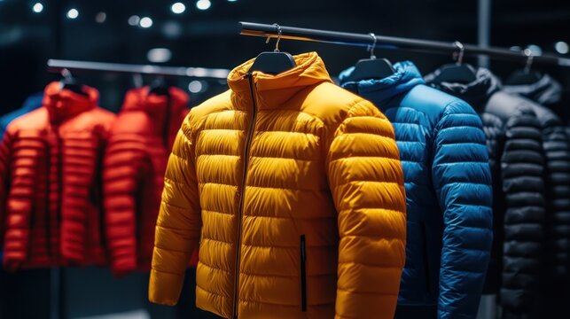 Colorful puffer jackets displayed on a clothing rack