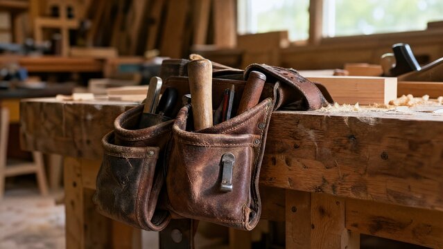 toolbelt. A leather toolbelt draped over a wooden workbench with wood shavings. safety posters, maintenance manuals, designed for industrial assembly lines and welding operations.