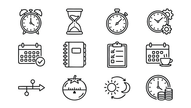 Set of 12 minimalist time management icons featuring clocks, calendars, hourglasses, and planners in a clean line art style for business productivity, scheduling, and efficient workflow design.